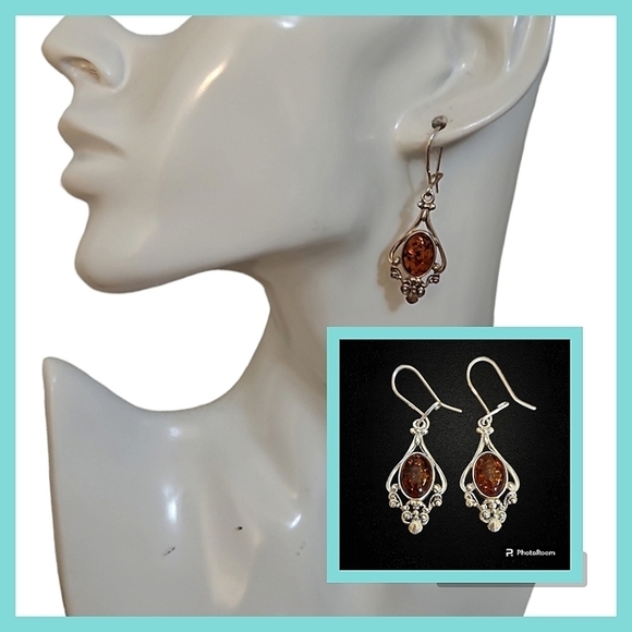 Polish Sterling Silver Amber Victorian Colonial Castlecore Dangle Hook Earrings - Picture 1 of 6